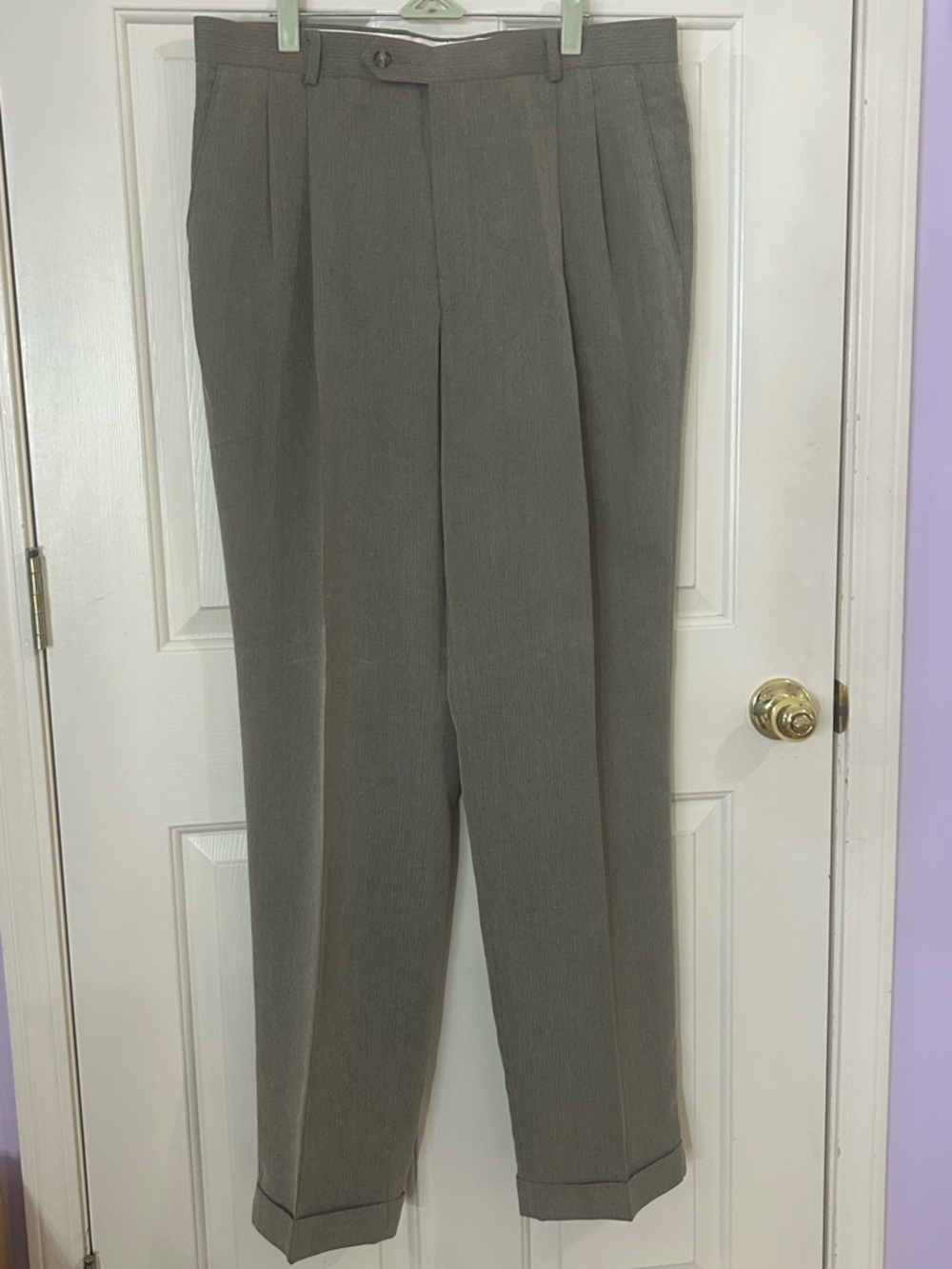 Alan Flusser Pleated Dress Suit Pants Cuffed Men Size 36x34 Oatmeal Beige - Picture 2 of 8